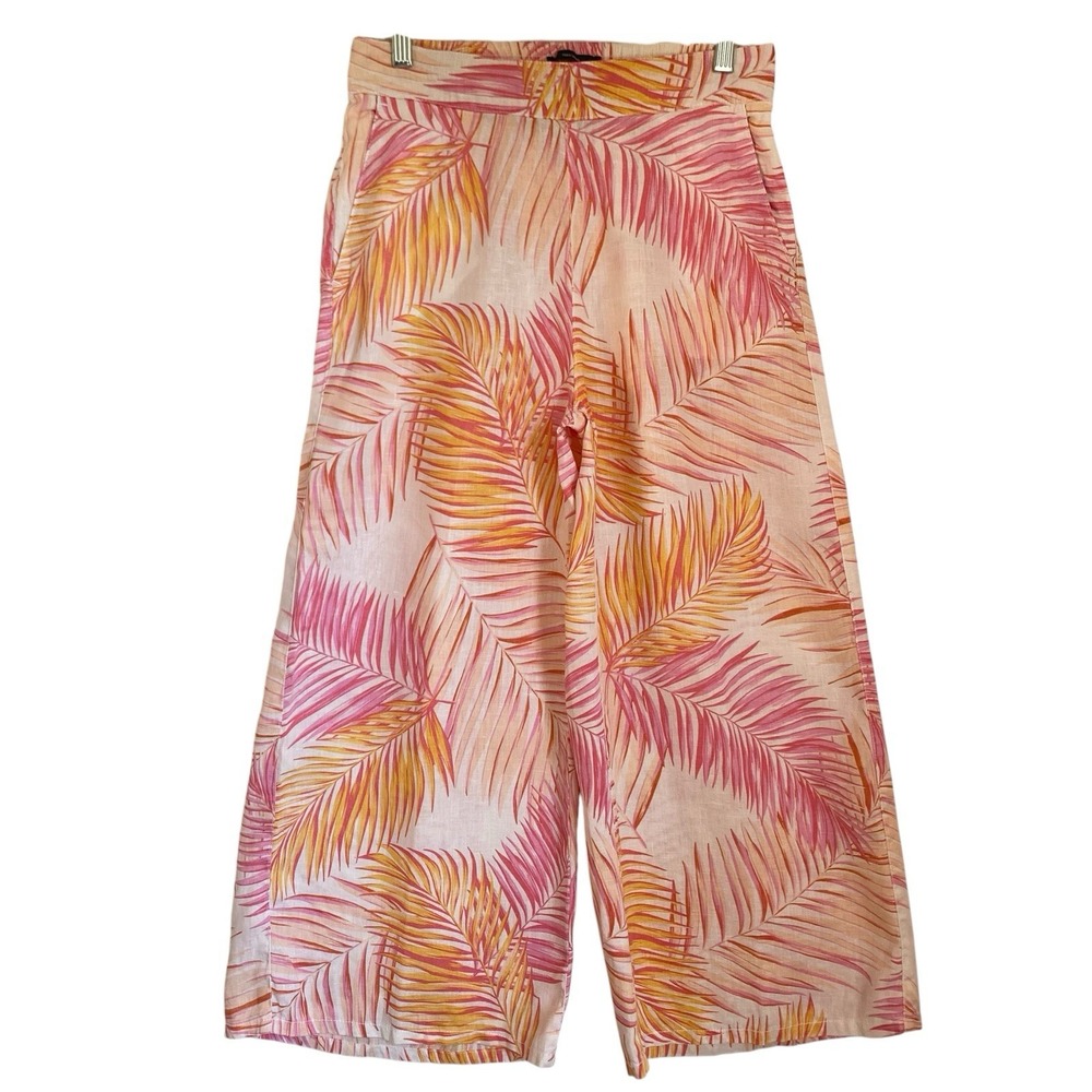 Tahari Linen Wide Cropped Pants M Tropical Multicolor Elastic Waist Resort